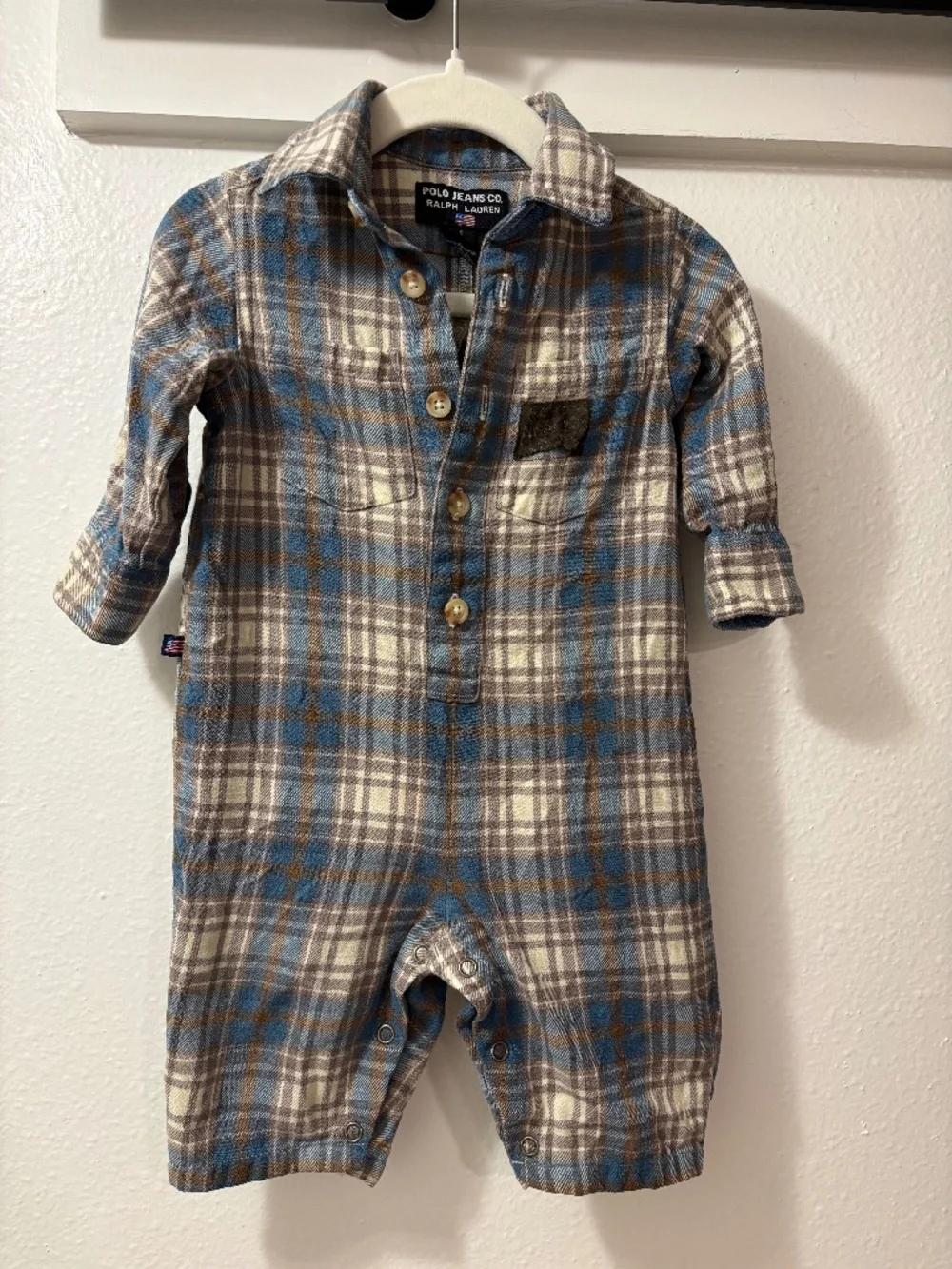 Ralph Lauren Infant Boys Sz 6M Blue Plaid Flannel One Piece Jumpsuit